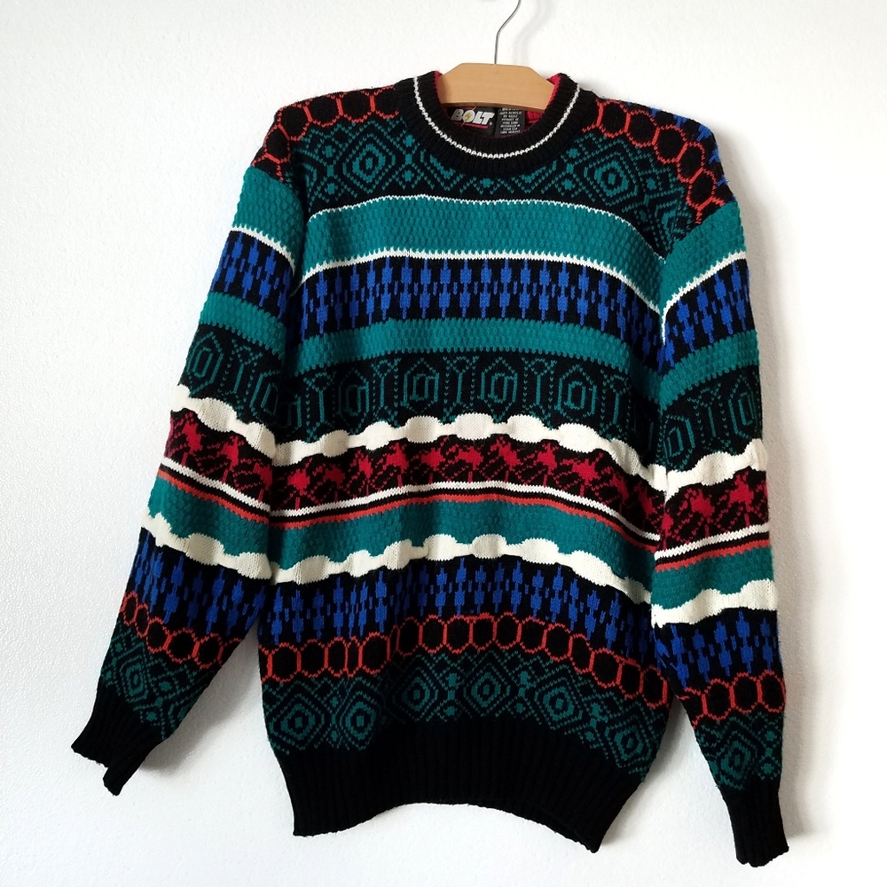Vintage Bolt 3D Sweater Multicolor Mixed Print Fair Isle Pullover Grandpa Core